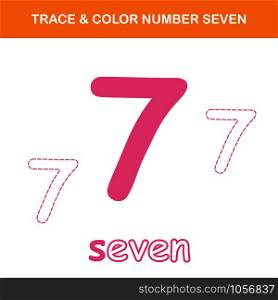 Trace & color number 7 worksheet. Easy worksheet, for children in preschool, elementary and middle school.