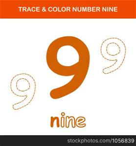 Trace & color number 9 worksheet. Easy worksheet, for children in preschool, elementary and middle school.