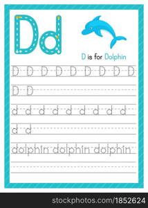 Trace letter D uppercase and lowercase. Alphabet tracing practice preschool worksheet for kids learning English with cute cartoon animal. Activity page for Pre K, kindergarten. Vector illustration