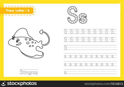 Trace letter S uppercase and lowercase. Alphabet tracing practice preschool worksheet for kids learning English with cute cartoon animal. Coloring book for Pre K, kindergarten. Vector illustration