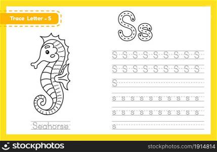Trace letter S uppercase and lowercase. Alphabet tracing practice preschool worksheet for kids learning English with cute cartoon animal. Coloring book for Pre K, kindergarten. Vector illustration