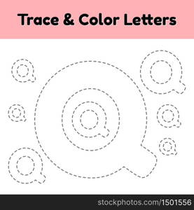 Trace line letter for kindergarten and preshool kids. Write and color k. Vector Illustration.. Trace line letter for kindergarten and preshool kids. Write and color q. Vector Illustration.
