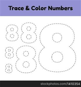 Trace line number for kindergarten and preshool kids. Write and color a eight. Vector illustration.. Trace line number for kindergarten and preshool kids. Write and color a eight.