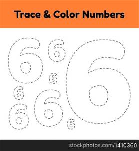 Trace line number for kindergarten and preshool kids. Write and color a six. Vector illustration.. Trace line number for kindergarten and preshool kids. Write and color a six.