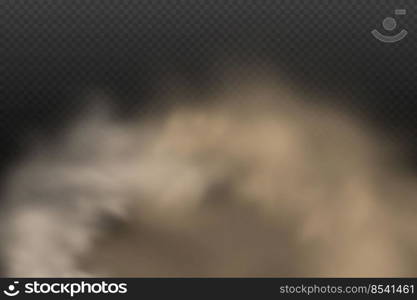 Trace on a dusty road or highway from a car.A cloud of brown dust and sand with particles of flying dry sand and dirt.Clubs of dark smoke.Realistic illustration on a transparent background.. A cloud of brown dust and sand with particles of flying dry sand and dirt.Trace on a dusty road or highway from a car.Clubs of dark smoke.Realistic illustration on a transparent background.