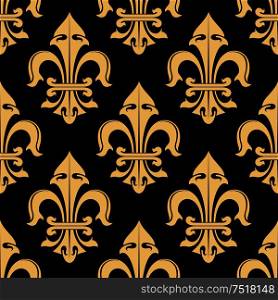 Tracery of tan cream fleur-de-lis ornamental elements seamless pattern isolated on black. For royal heraldic themes or textile, interior or design.. Tracery of fleur-de-lis elements seamless pattern
