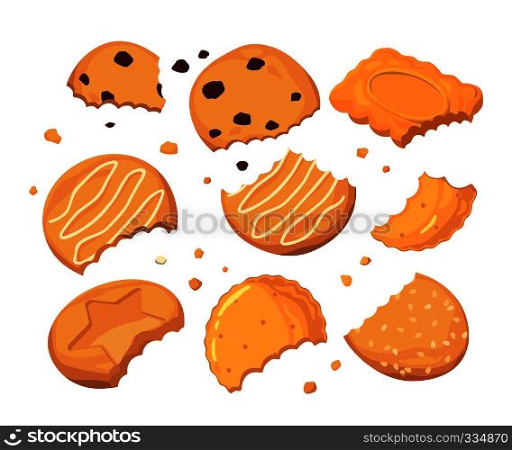 Traces from stings on the cookies and different small crumbs. Cartoon vector illustration set. Crumb cookie and sweet snack dessert biscuit with chocolate. Traces from stings on the cookies and different small crumbs. Cartoon vector illustration set