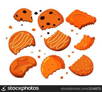 Traces from stings on the cookies and different small crumbs. Cartoon vector illustration set. Crumb cookie and sweet snack dessert biscuit with chocolate. Traces from stings on the cookies and different small crumbs. Cartoon vector illustration set