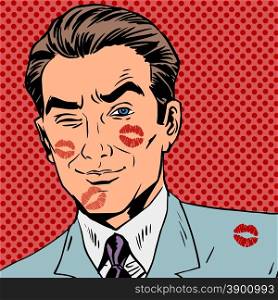 Traces of a kiss on the man face pop art retro. Traces of a kiss on the man face pop art retro style