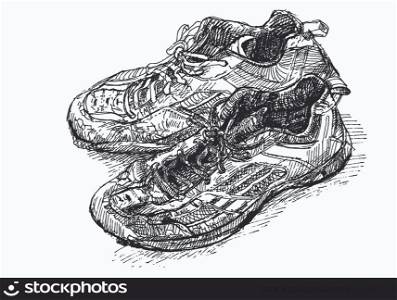 Tracing vector from hand drawing pair of old badminton shoe