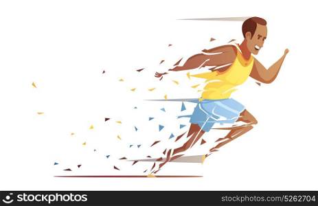 Track Athlete Shredding Concept. Runner man action retro cartoon composition with male human character of trackman athlete falling into pieces vector illustration