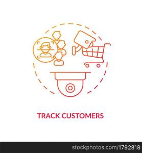 Track customers concept red icon. Security cameras and face identification. Marketing research. Surveillance for retail abstract idea thin line illustration. Vector isolated outline color drawing. Track customers concept red icon