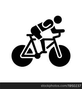 Track cycling black glyph icon. Bicycle racing competition. Riding bike across track sport activity. Athletes with physical disability. Silhouette symbol on white space. Vector isolated illustration. Track cycling black glyph icon