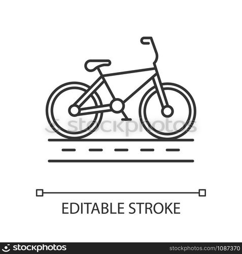 Track cycling linear icon. Bicycle on cycleway, bike path. Roadway for cyclists. Bicycle racing. City cruiser. Thin line illustration. Contour symbol. Vector isolated outline drawing. Editable stroke