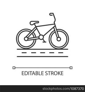 Track cycling linear icon. Bicycle on cycleway, bike path. Roadway for cyclists. Bicycle racing. City cruiser. Thin line illustration. Contour symbol. Vector isolated outline drawing. Editable stroke