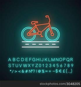 Track cycling neon light icon. Bicycle on cycle lane. Time trialling. Roadway for cyclists. Bicycle racing. City cruiser. Glowing sign with alphabet, numbers and symbols. Vector isolated illustration