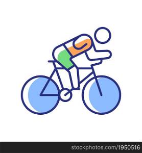 Track cycling RGB color icon. Bicycle racing competition. Riding bike across track sport activity. Athletes with physical disability. Isolated vector illustration. Simple filled line drawing. Track cycling RGB color icon