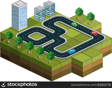 Track racing with cars and trees in the background of urban homes