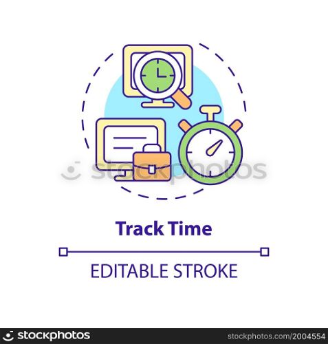 Track time concept icon. Control work schedule. Online surveillance. Employee monitoring abstract idea thin line illustration. Vector isolated outline color drawing. Editable stroke. Track time concept icon