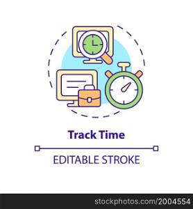 Track time concept icon. Control work schedule. Online surveillance. Employee monitoring abstract idea thin line illustration. Vector isolated outline color drawing. Editable stroke. Track time concept icon