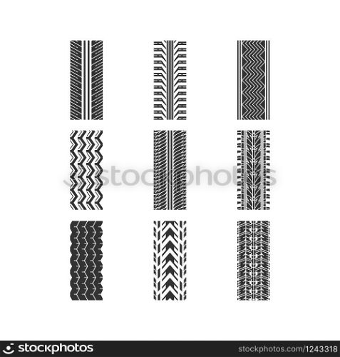 Track traces black glyph icons set on white space. Detailed automobile, motorcycle, bike tyre marks. Car summer and winter wheel trace. Tire trail. Silhouette symbols. Vector isolated illustration