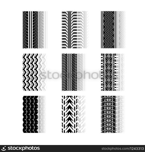 Track traces drop shadow black glyph icons set. Detailed automobile, motorcycle, bike tyre marks. Car summer and winter wheel trace. Vehicle tire trail. Isolated vector illustrations on white space