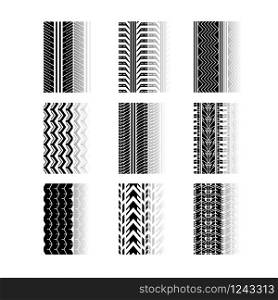 Track traces drop shadow black glyph icons set. Detailed automobile, motorcycle, bike tyre marks. Car summer and winter wheel trace. Vehicle tire trail. Isolated vector illustrations on white space