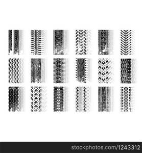 Track tread drop shadow black glyph icons set. Detailed automobile, motorcycle tyre marks. Car summer and winter wheel trace. Tire trail in grunge style. Isolated vector illustrations on white space