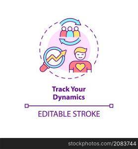 Track your dynamics concept icon. Effective support group visit abstract idea thin line illustration. Isolated outline drawing. Editable stroke. Roboto-Medium, Myriad Pro-Bold fonts used. Track your dynamics concept icon