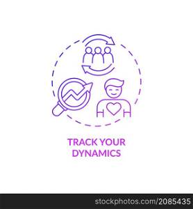 Track your dynamics purple gradient concept icon. Improve emotional wellbeing abstract idea thin line illustration. Self-tracking. Isolated outline drawing. Roboto-Medium, Myriad Pro-Bold fonts used. Track your dynamics purple gradient concept icon