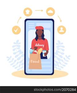 Tracking delivery on mobile flat concept vector illustration. Receiving food and groceries. Professional courier service isolated 2D cartoon characters on white for web design. Shipment creative idea. Tracking delivery on mobile flat concept vector illustration