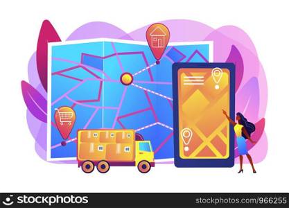 Tracking delivery, package on smartphone application. Delivery point validation, delivery driver app, independent courier concept. Bright vibrant violet vector isolated illustration. Delivery point concept vector illustration