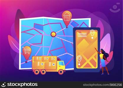 Tracking delivery, package on smartphone application. Delivery point validation, delivery driver app, independent courier concept. Bright vibrant violet vector isolated illustration. Delivery point concept vector illustration