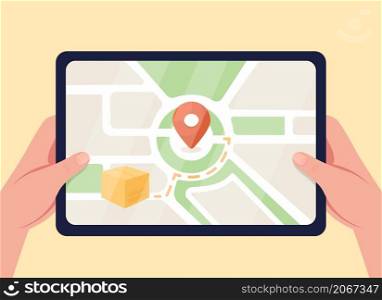 Tracking GPS flat color vector illustration. Navigation for postal order. Internet service for shipment. Tablet with tracking on online map 2D cartoon first view hand with abstract on background. Tracking GPS flat color vector illustration