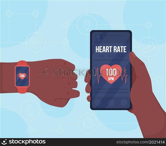 Tracking heart rate with devices flat color vector illustration. Monitoring pulse for fitness. Looking on smartwatch and mobile phone screen 2D cartoon first view hand with abstract background. Tracking heart rate with devices flat color vector illustration