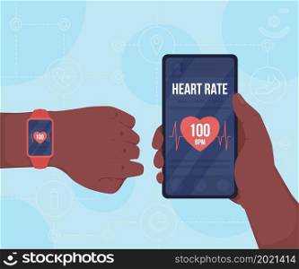 Tracking heart rate with devices flat color vector illustration. Monitoring pulse for fitness. Looking on smartwatch and mobile phone screen 2D cartoon first view hand with abstract background. Tracking heart rate with devices flat color vector illustration