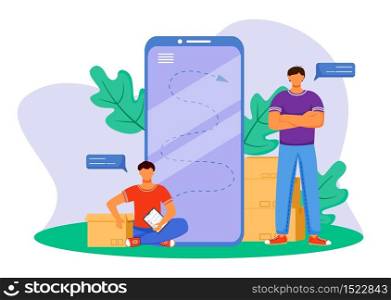 Tracking package flat color vector illustration. Getting post notification. Receiving order. Delivery services. Boy sitting next to box isolated cartoon character on white background