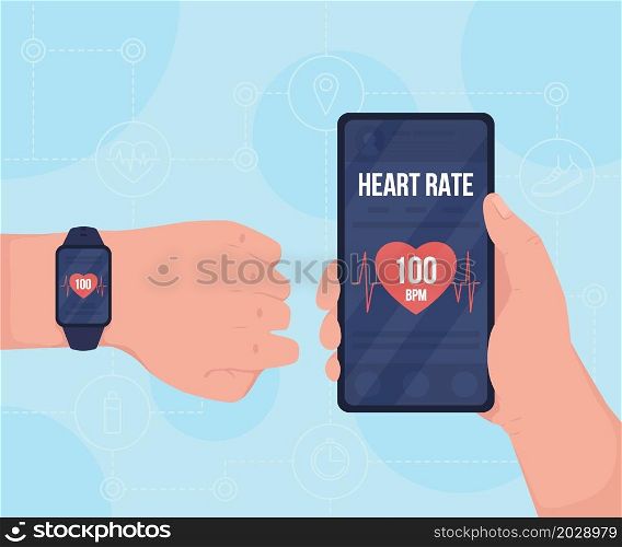 Tracking pulse with gadgets flat color vector illustration. Monitoring pulse for fitness. Looking on smartwatch and mobile phone screen 2D cartoon first view hand with abstract background. Tracking pulse with gadgets flat color vector illustration