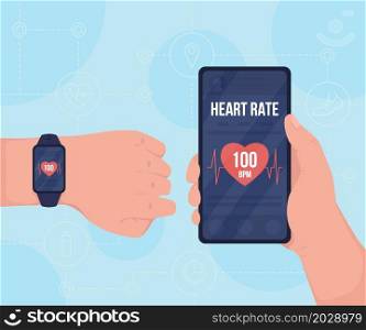 Tracking pulse with gadgets flat color vector illustration. Monitoring pulse for fitness. Looking on smartwatch and mobile phone screen 2D cartoon first view hand with abstract background. Tracking pulse with gadgets flat color vector illustration