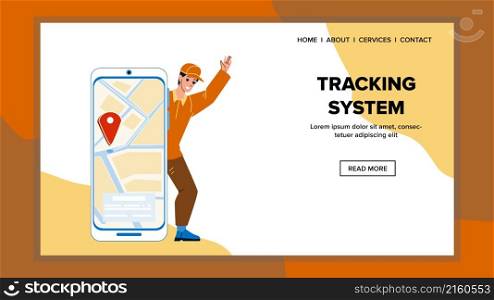 Tracking system map gps. phone city. route application. mobile app. delivery location character web flat cartoon illustration. Tracking system vector
