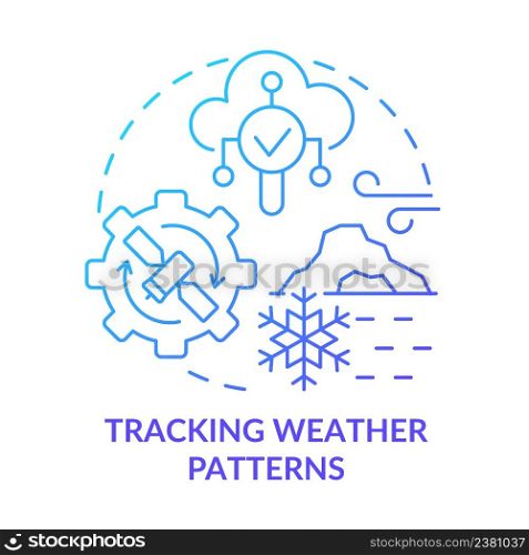 Tracking weather patterns blue gradient concept icon. Forecast data. Space technology and climate change abstract idea thin line illustration. Isolated outline drawing. Myriad Pro-Bold font used. Tracking weather patterns blue gradient concept icon