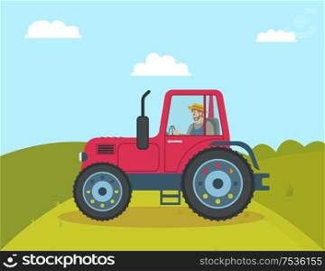 Tractor agricultural vehicle, man driving machine on field. Cultivation of land, farmland with hill and bushes. Farming male farmer win car vector. Tractor Agricultural Vehicle Vector Illustration