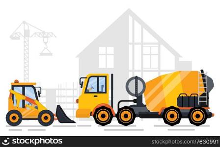 Tractor and concrete mixing machine side view, shadow of concreting project and crane. Construction equipments, engineering outdoor, automobile. Vector illustration in flat cartoon style. Building Auto, Crane and Project, Cement Vector