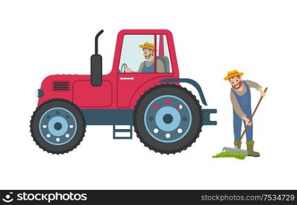 Tractor and farmer with rake vector. Transport helping to cultivate ground, person spreading compost on soil. Farming process agricultural machinery. Tractor and Farmer with Rake Vector Illustration