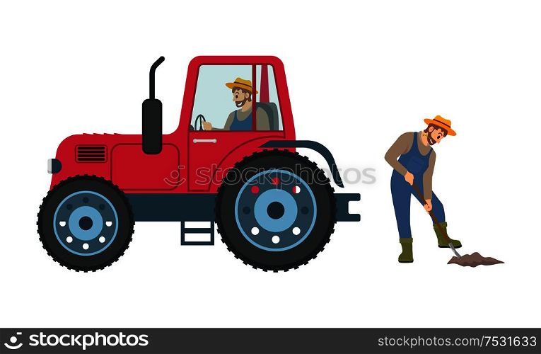 Tractor cultivation of land done by farmers. Man with shovel digging soil, male driving on transport helping to cultivate ground field icons vector. Tractor Cultivation of Land Vector illustration