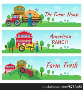 Tractor driver banners horizontal set with farm house american ranch flat elements isolated vector illustration. Tractor Driver Flat Banners