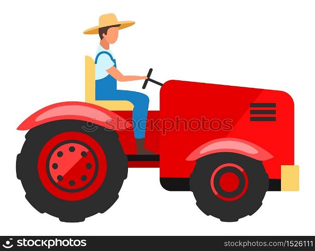 Tractor driver flat character. Farm worker driving agricultural machinery cartoon illustration. Farming and agriculture industry. Harvesting, planting equipment, machine isolated on white background