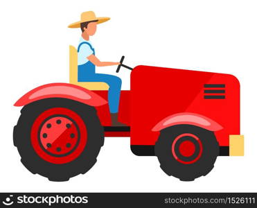 Tractor driver flat character. Farm worker driving agricultural machinery cartoon illustration. Farming and agriculture industry. Harvesting, planting equipment, machine isolated on white background