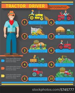 Tractor driver infographics set with farm and construction machinery symbols vector illustration