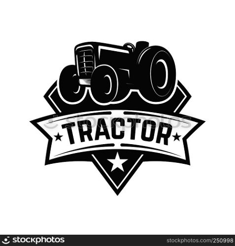 tractor emblem. Farmers market. Design element for logo, label, sign. Vector illustration
